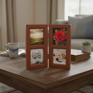 Vintage 90s Hinged Double  Picture Frame With Burlap Backing For 4 Photos